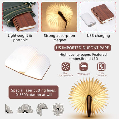 8-Color Mini Folding Book Lamp | Portable Wooden LED Night Light, USB Rechargeable Paper Lantern – Unique Gift for Book Lovers (3.9" x 3.1" x 1")