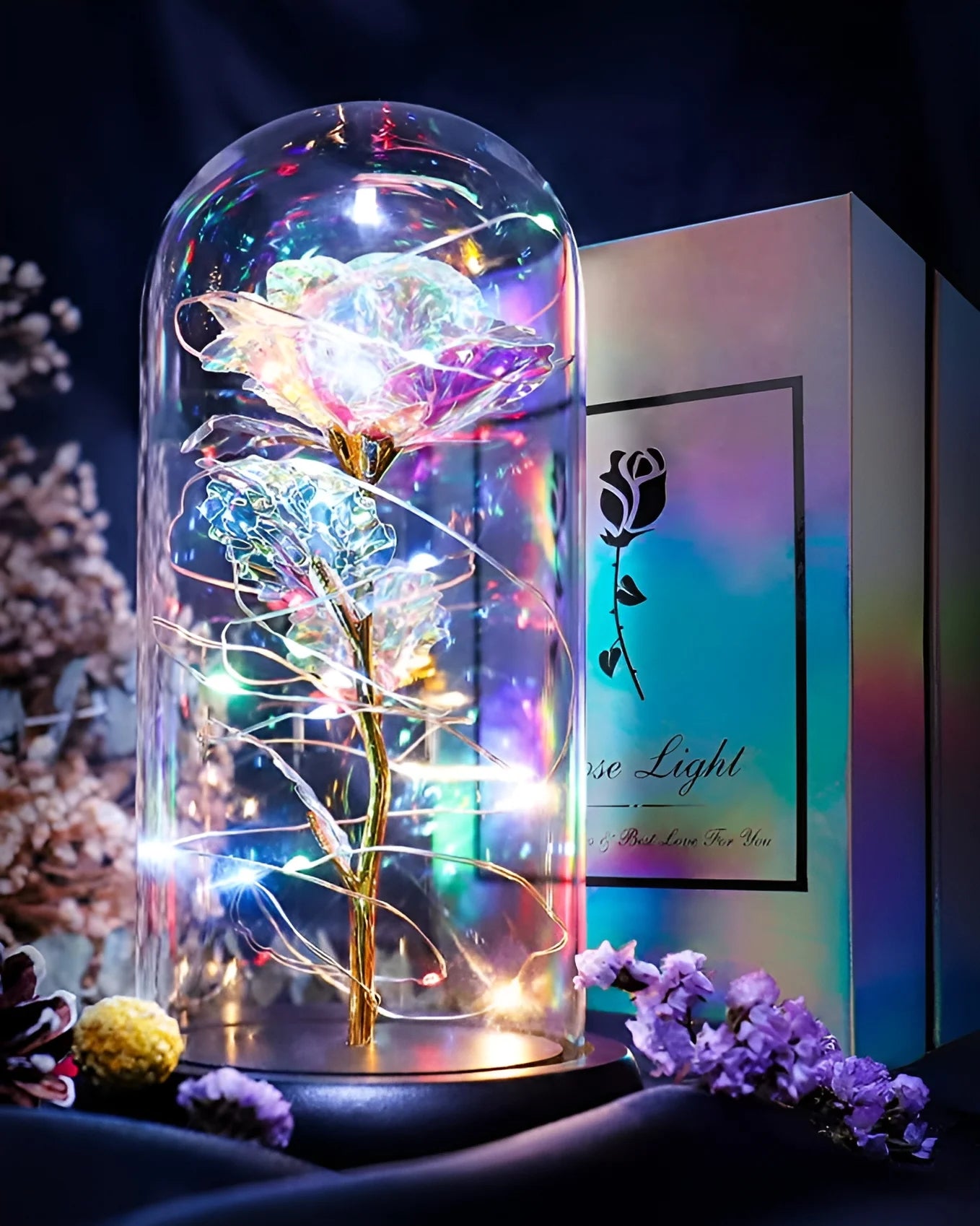 Galaxy Rose Gifts for Women | Artificial Flower Rose Light in Glass Dome for Christmas, Anniversary, Valentine’s Day, Mother’s Day, Birthday (Multicolor Flower, Multicolor Light)